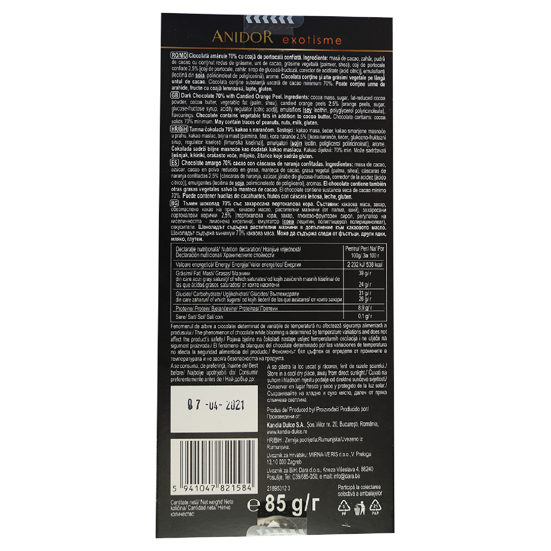 Ciocolată Anidor- 85g- Ciocolată amăruie 70% cacao cu coajă de portocală - Image 2